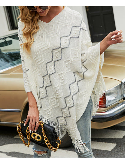 Autumn Winter Sweaters Poncho Knitting Capes Cloak Sweater V-Neck Irregular Hem Tassels Coat Striped Knitted Pullover The Clothing Company Sydney