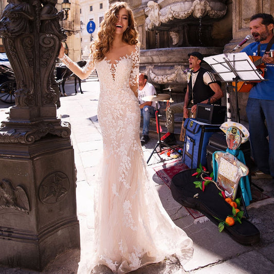Lace V Neck Mermaid Bride Gowns Long Sleeves Flower Appliques Robe Elegant Wedding Dress The Clothing Company Sydney