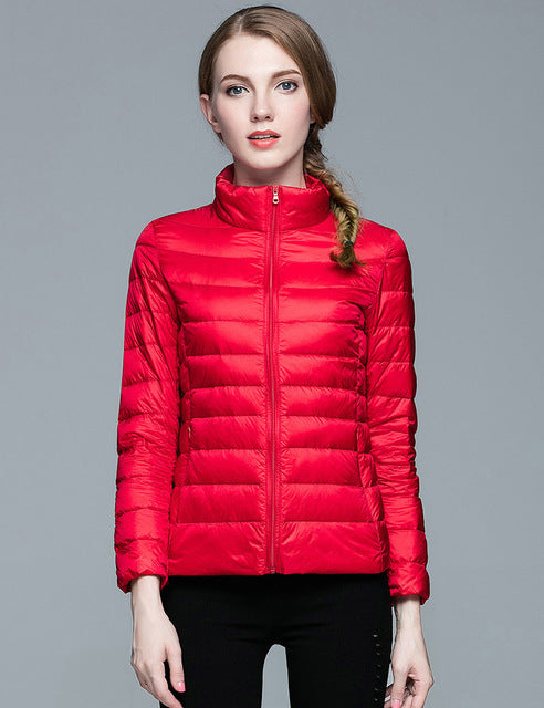 Ladies Stand Collar Duck Down Ultra Light Slim Long Sleeve Parka Puffer Jacket The Clothing Company Sydney