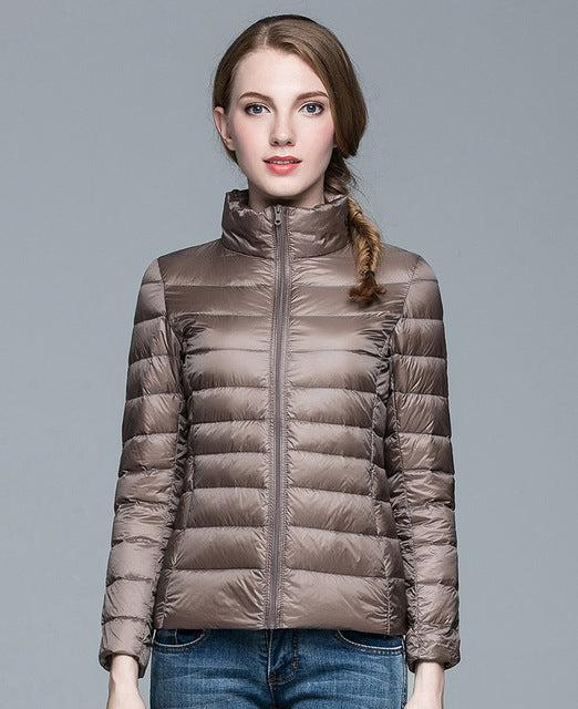 Ladies Stand Collar Duck Down Ultra Light Slim Long Sleeve Parka Puffer Jacket The Clothing Company Sydney