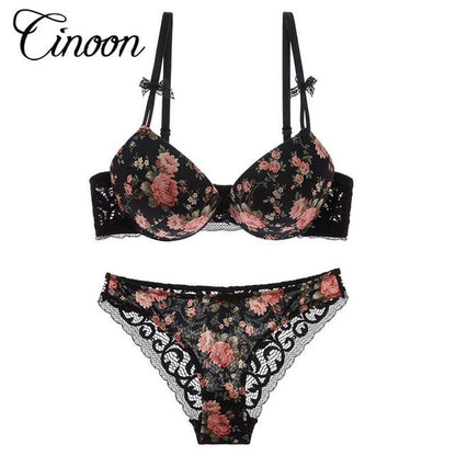 2 Piece Silk Lace Floral Push up Bow Bra and Hollow out Panties The Clothing Company Sydney
