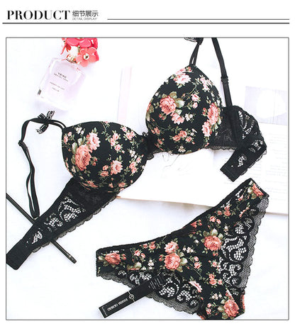 2 Piece Silk Lace Floral Push up Bow Bra and Hollow out Panties The Clothing Company Sydney