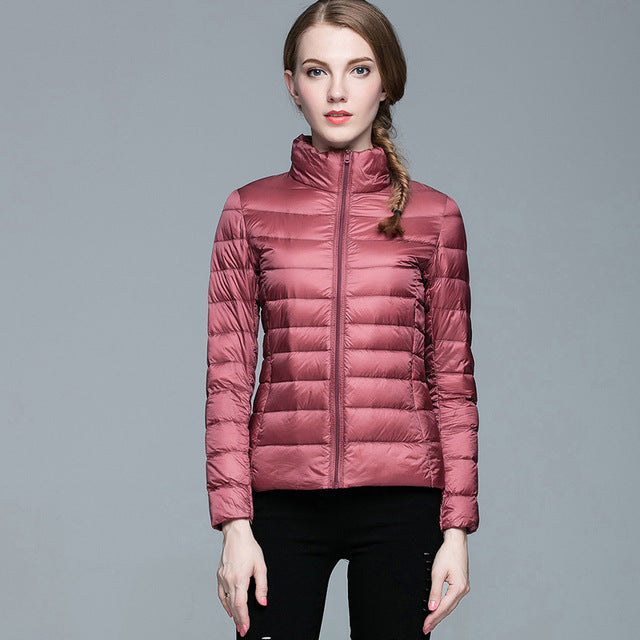 Ladies Stand Collar Duck Down Ultra Light Slim Long Sleeve Parka Puffer Jacket The Clothing Company Sydney