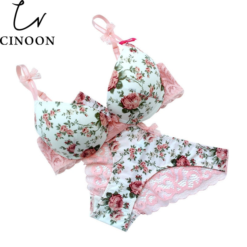 2 Piece Silk Lace Floral Push up Bow Bra and Hollow out Panties The Clothing Company Sydney