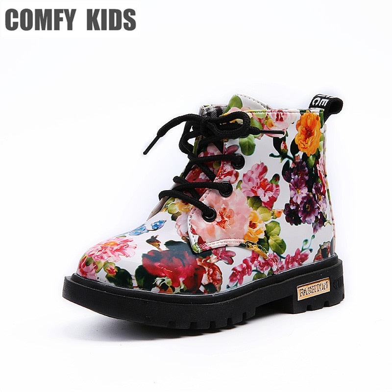 Comfy Kids Floral Martin Elegant Flower Print PU Leather Shoes Rubber Boots For Girls The Clothing Company Sydney