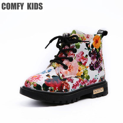 Comfy Kids Floral Martin Elegant Flower Print PU Leather Shoes Rubber Boots For Girls The Clothing Company Sydney