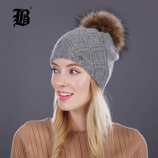 Winter fur Beanie cap women's cashmere wool cotton Big Real Raccoon fur pom poms fur winter hat The Clothing Company Sydney