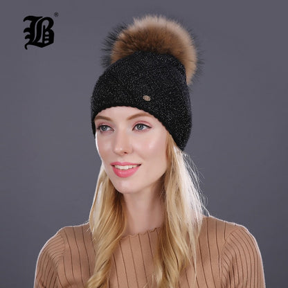 Winter fur Beanie cap women's cashmere wool cotton Big Real Raccoon fur pom poms fur winter hat The Clothing Company Sydney
