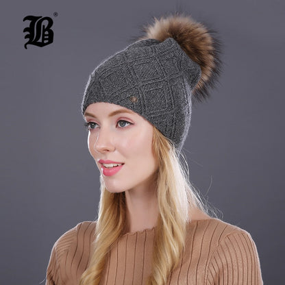 Winter fur Beanie cap women's cashmere wool cotton Big Real Raccoon fur pom poms fur winter hat The Clothing Company Sydney
