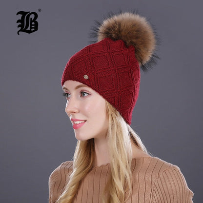 Winter fur Beanie cap women's cashmere wool cotton Big Real Raccoon fur pom poms fur winter hat The Clothing Company Sydney