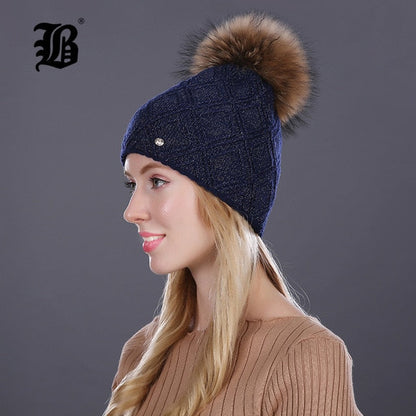 Winter fur Beanie cap women's cashmere wool cotton Big Real Raccoon fur pom poms fur winter hat The Clothing Company Sydney