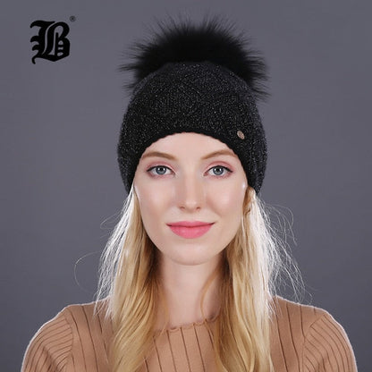 Winter fur Beanie cap women's cashmere wool cotton Big Real Raccoon fur pom poms fur winter hat The Clothing Company Sydney