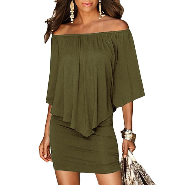 Army green Slash Neck Mini Off Shoulder Sexy Beach Casual Dress The Clothing Company Sydney