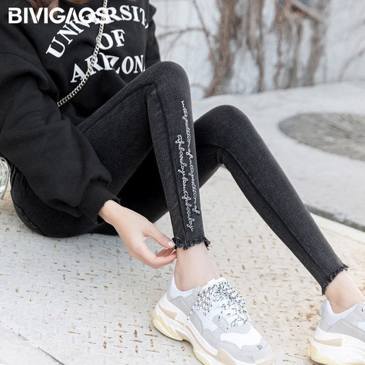Spring Embroidered Letters Washed Jeans Leggings Skinny Slim Woven Pencil Pants Jeans Jeggings The Clothing Company Sydney
