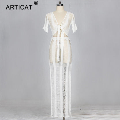 Bow Tie Hollow Out Knitted Two Piece Transparent Bandage Maxi Beach Casual Slim Summer Dress The Clothing Company Sydney