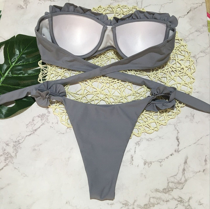 2 Piece Padded Push Up Strapless Ruffle Bra Low Waist Bikini Swimwear Set The Clothing Company Sydney