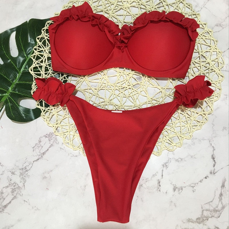 2 Piece Padded Push Up Strapless Ruffle Bra Low Waist Bikini Swimwear Set The Clothing Company Sydney
