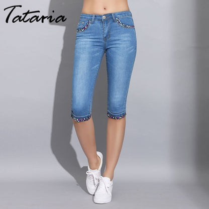 Denim Skinny Capris Pants Stretch Fashion Polka Dot Elastic Knee Length Jeans The Clothing Company Sydney