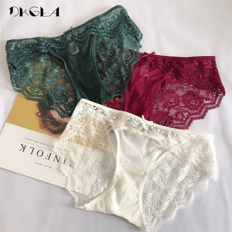 3 Piece Low-rise White+Green+Red wine Underwear Lace Transparent Briefs Hollow Out Embroidery Panty The Clothing Company Sydney