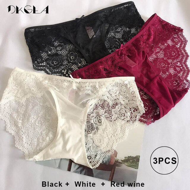 3 Piece Low-rise White+Green+Red wine Underwear Lace Transparent Briefs Hollow Out Embroidery Panty The Clothing Company Sydney